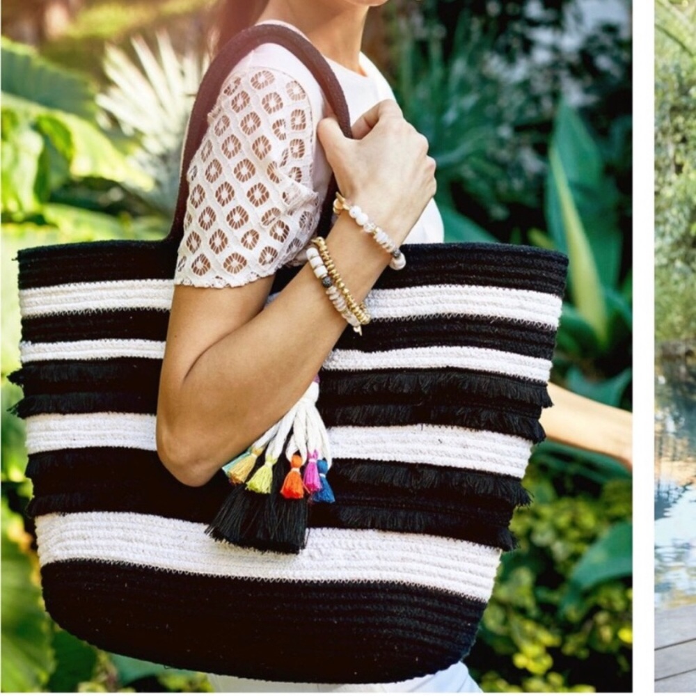 Stella & Dot black and white fringe Taj tote bag